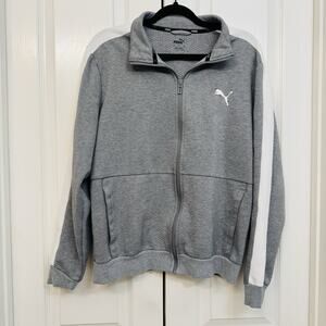 PUMA Men's Track Gray Jacket Size Medium Full Zip White Logo Sweater Athletic